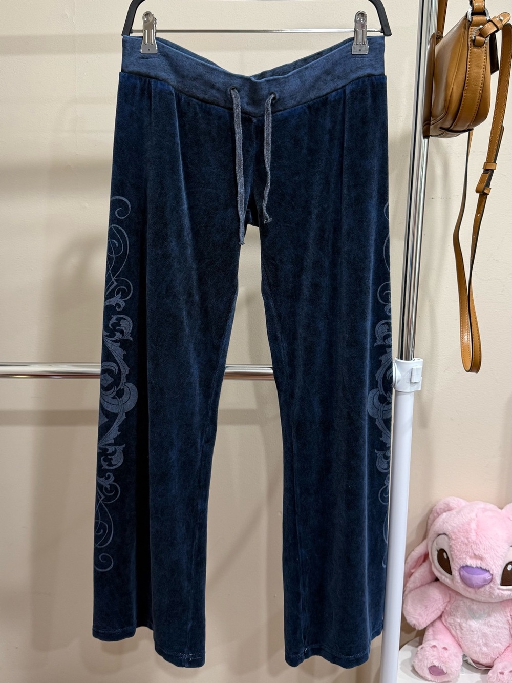 Affliction Velour Graphic Flare Pants Navy Blue Size L Y2K